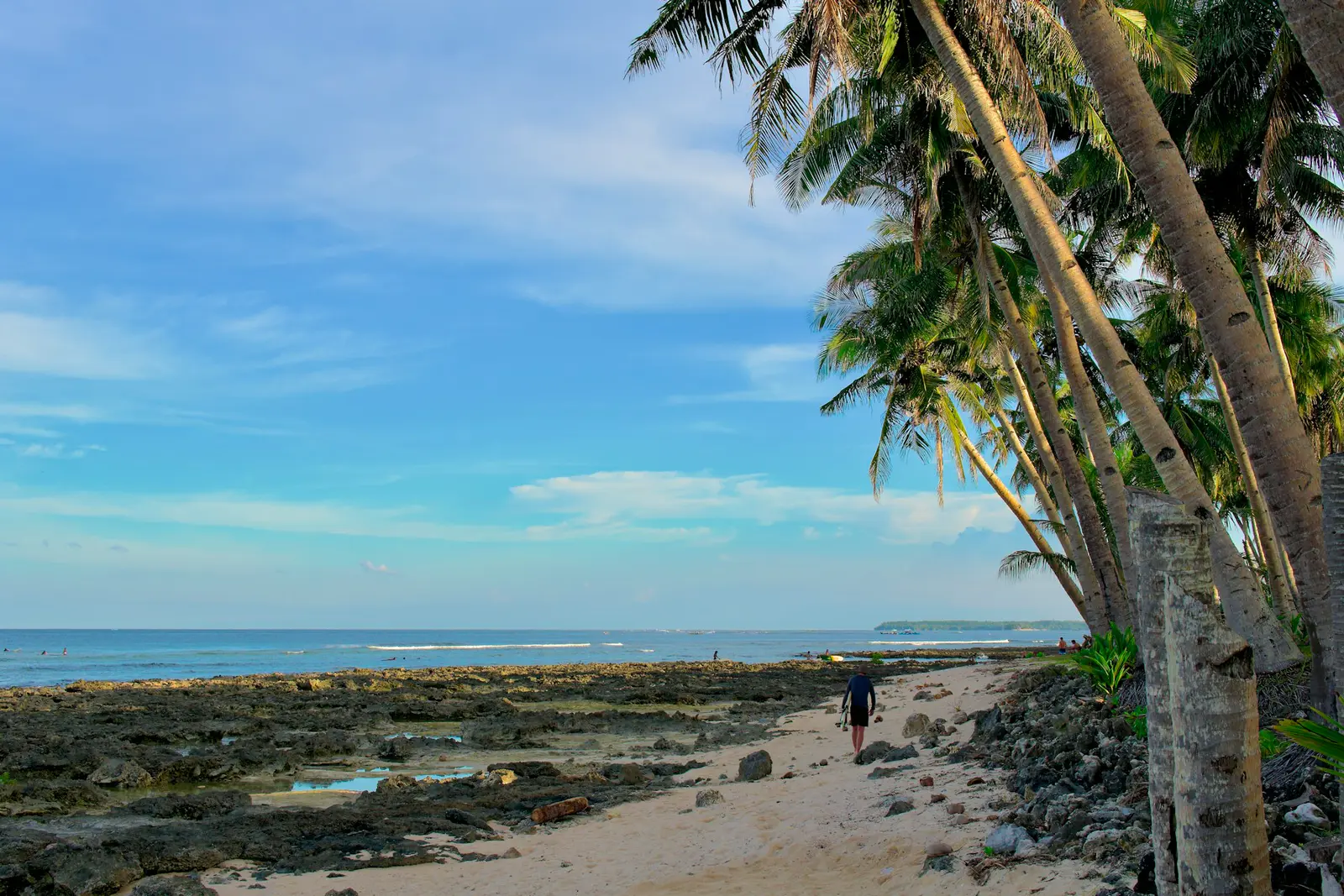 A surfer beneath palms in Siargao